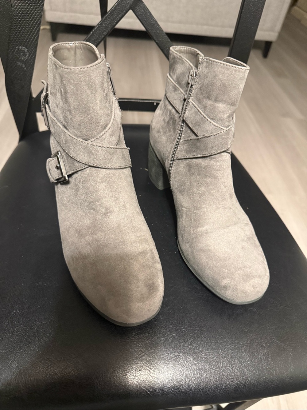 Women’s Gray Suede Ankle Boots with Buckle Detail